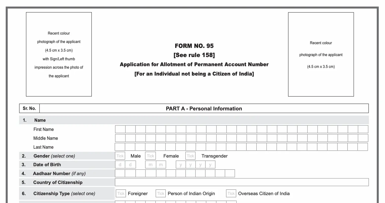 Official Indian PAN 2.0 Form 95 header for OCI and foreign citizen applicants, showing personal information fields and 4.5 cm x 3.5 cm photograph requirements.