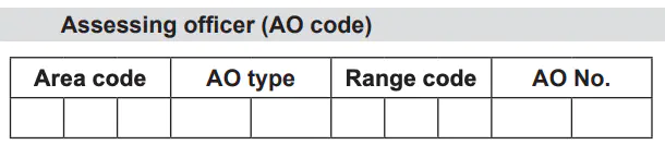 Detailed layout of the Indian PAN Form 49AA showing the Assessing Officer (AO Code) section for Foreign Citizens and OCI applicants. Highlights the Area Code, AO Type, Range Code, and AO Number fields