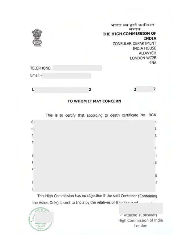 An example of a No Objection Certificate issued by the High Commission of India in the UK.