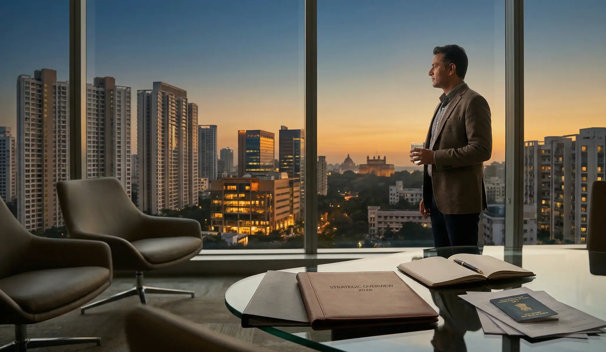 nri-property-sale-in-india-oci-before-sale-checklist A professional looking over the Mumbai skyline with a 2026 strategic overview folder and OCI documents, representing an NRI property sale in India.