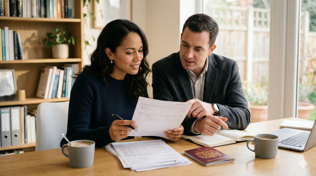 Couple reviewing UK spouse visa financial documents at a desk — illustrating the £29,000 income requirement guide by Whytecroft Ford