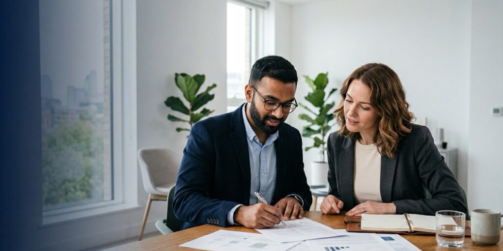 A couple reviewing UK immigration documents together at a desk — illustrating the UK unmarried partner visa application process.