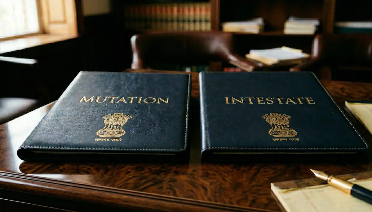 Two legal portfolios labeled Mutation and Intestate bearing the State Emblem of India, representing cross-border property succession for UK residents.
