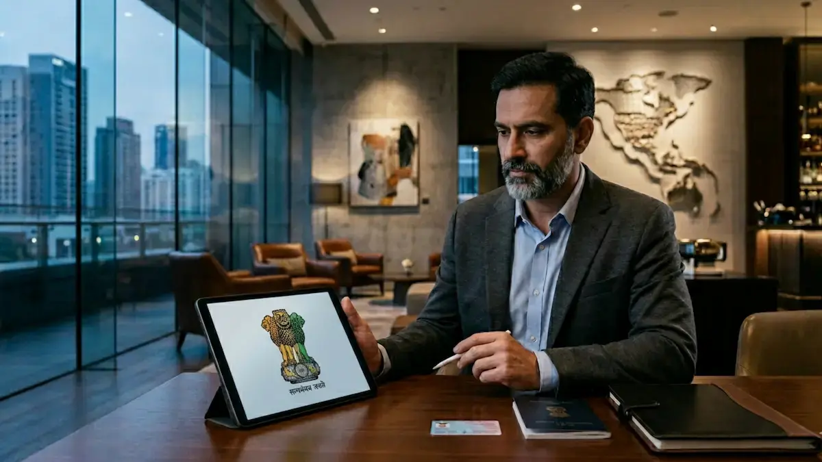 A business professional reviewing PAN Card 2.0 information on a tablet in a modern office, with an Indian passport and PAN card on the desk
