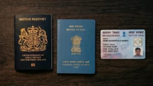 A British Passport, a blue Overseas Citizen of India (OCI) card, and an Indian Permanent Account Number (PAN) card on a wooden surface, representing the essential documents for OCI PAN Card 2.0 applications.
