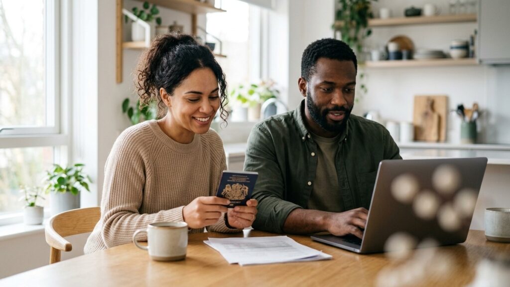 UK couple reviewing FLR(M) paperwork to switch from a Skilled Worker Visa to a Spouse Visa in 2026.