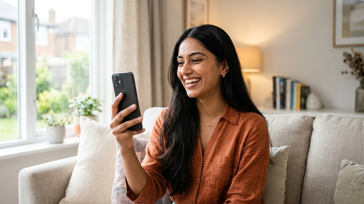 are-whatsapp-chats-enough-for-spouse-visa-uk A person video calling their partner on a phone at home while gathering communication evidence for a UK Spouse Visa