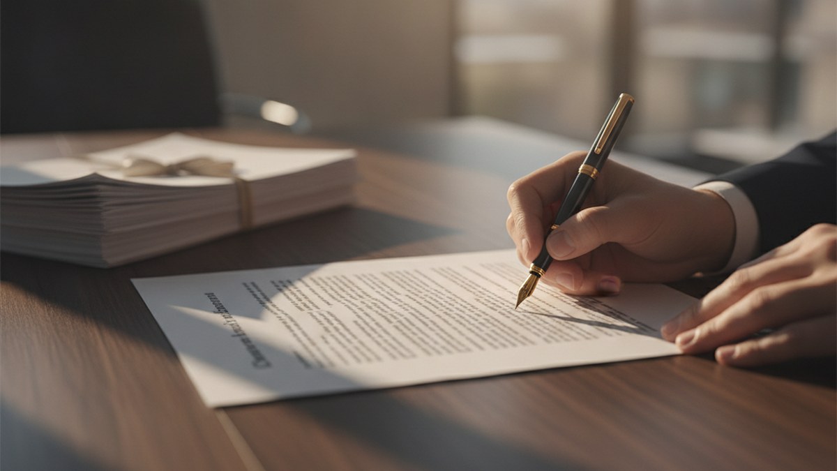 A person signing an Indian Power of Attorney deed at a desk, illustrating whether an attorney can appoint a substitute under an Indian Power of Attorney.