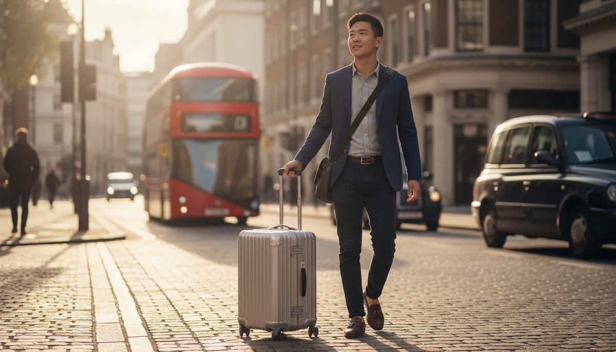 bno-adult-child-route-expansion-2026 A young Hong Kong adult arriving in London with luggage, illustrating the expanded BN(O) Adult Child route in 2026.