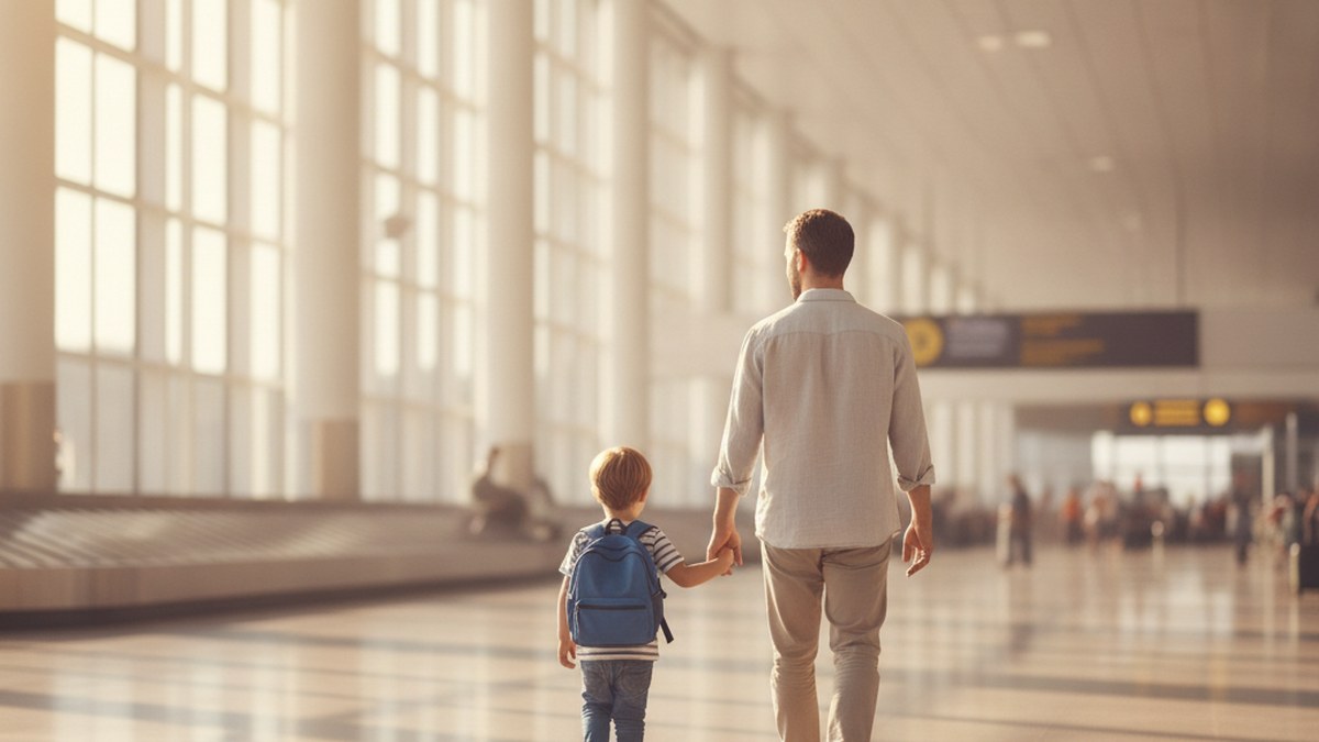 child-visitor-visa-uk A child holding an adult's hand at a London airport arrivals hall, illustrating a child visiting the UK as a Standard Visitor.