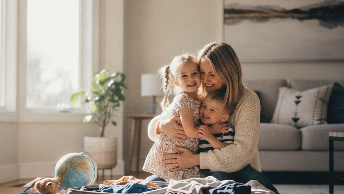children-on-spouse-or-partner-visa-altA mother hugging both children among an open suitcase, with a globe in the foreground. The globe and packed case read clearly as moving to a new country.