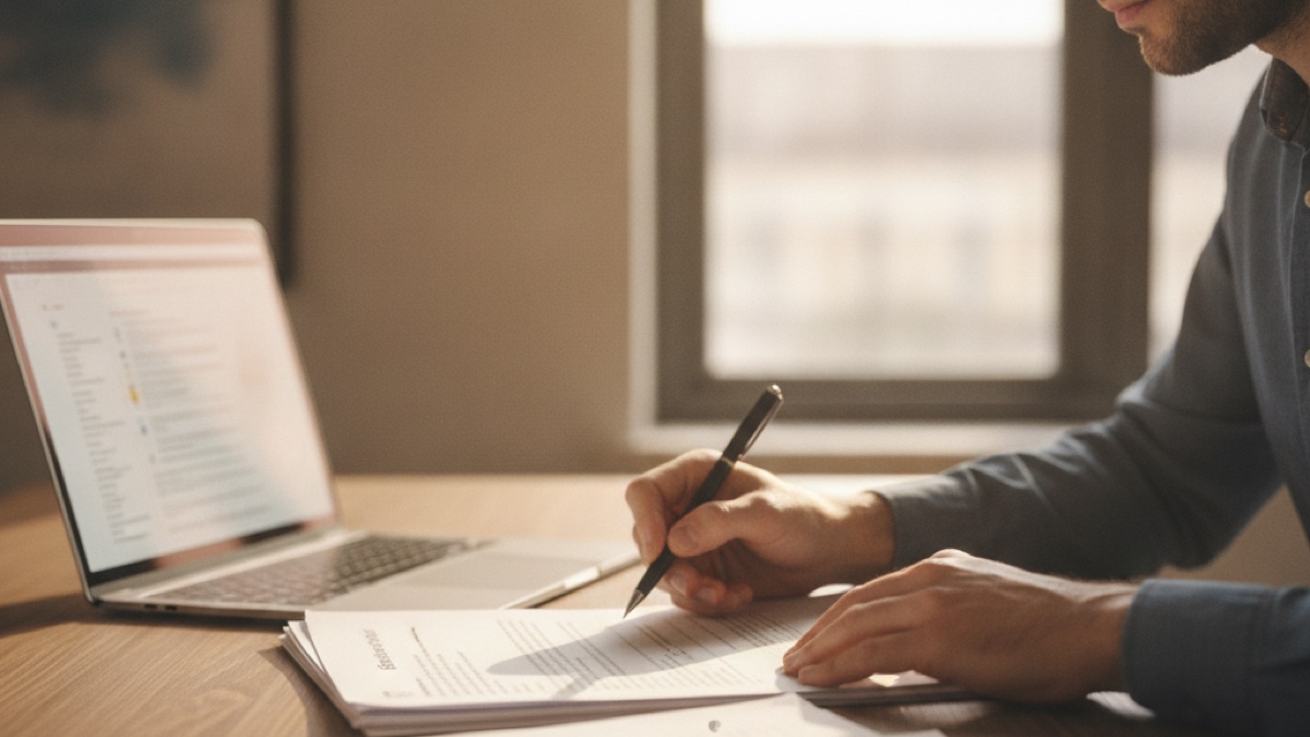 common-mistakes-uk-visa-applications A person reviewing visa application paperwork at a desk with a laptop, checking documents before submission.
