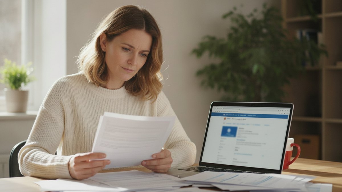 An applicant at a home desk reading UK visa application documents, with more forms spread on the table and a laptop open, weighing whether to instruct an immigration adviser.
