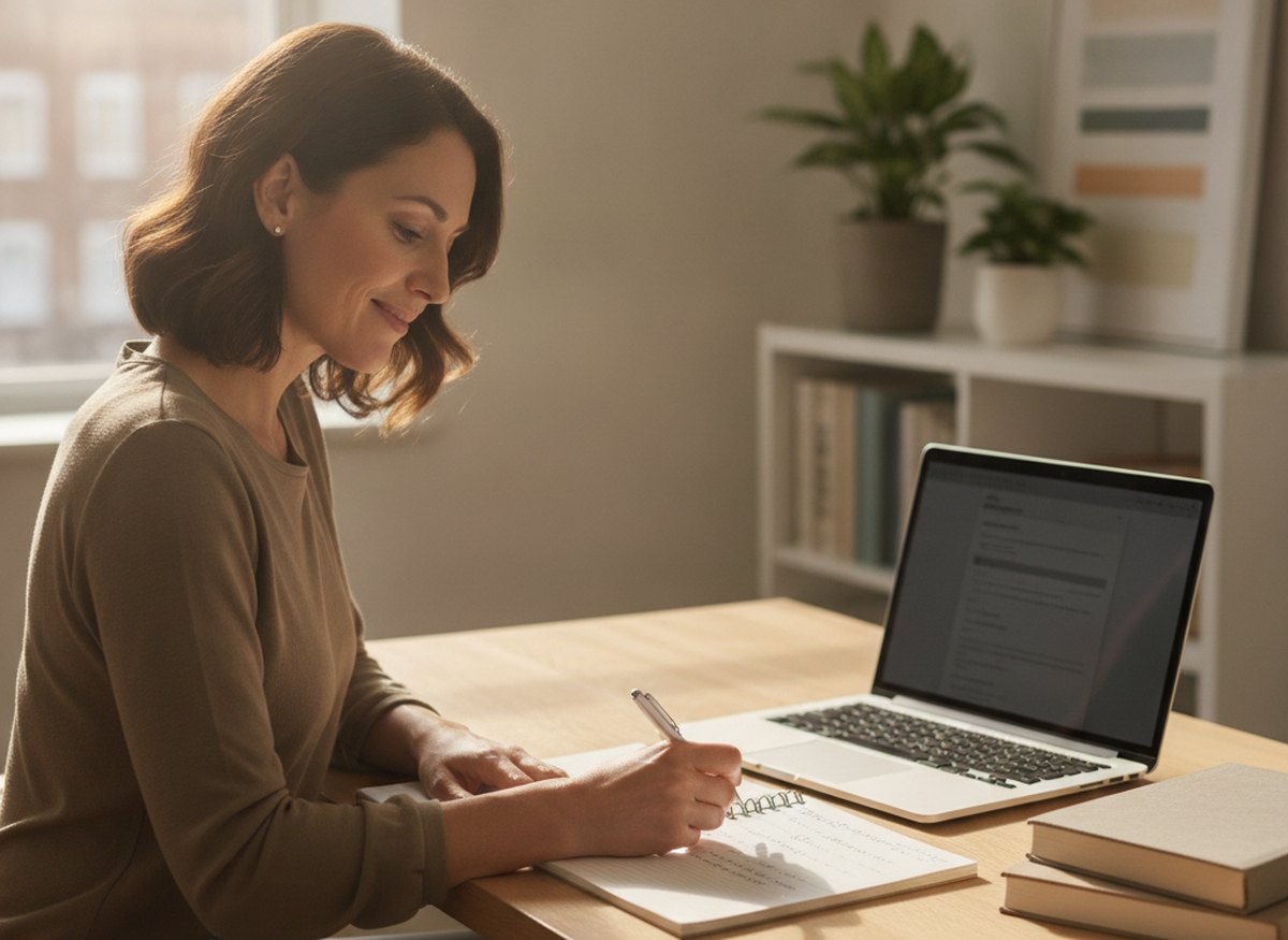 An adult learner studying English at a desk with a laptop and notebook