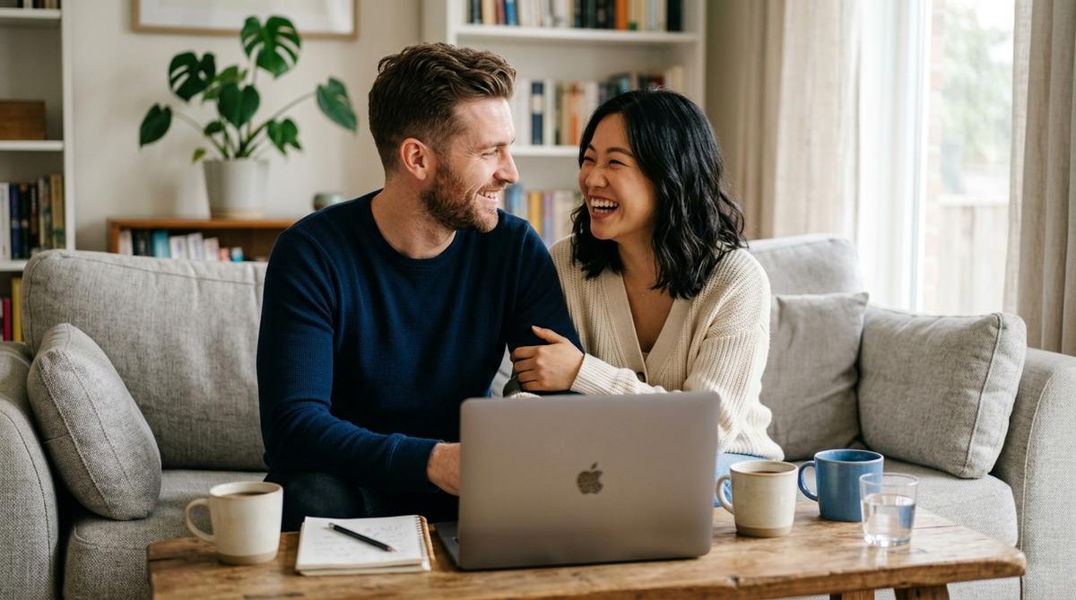 Happy interracial couple sharing a moment at home after completing a Partner Visa application