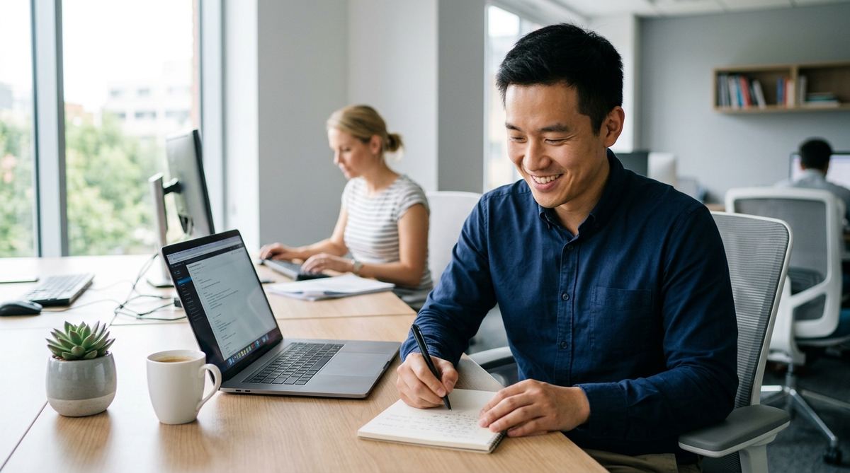 Smiling East Asian professional working at a modern office desk