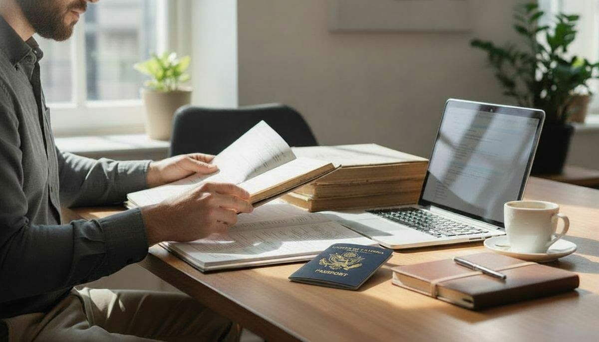 home-office-subject-access-request-immigration-records A person reviewing immigration records and a passport at a desk, illustrating how to make a Home Office subject access request for personal immigration data.