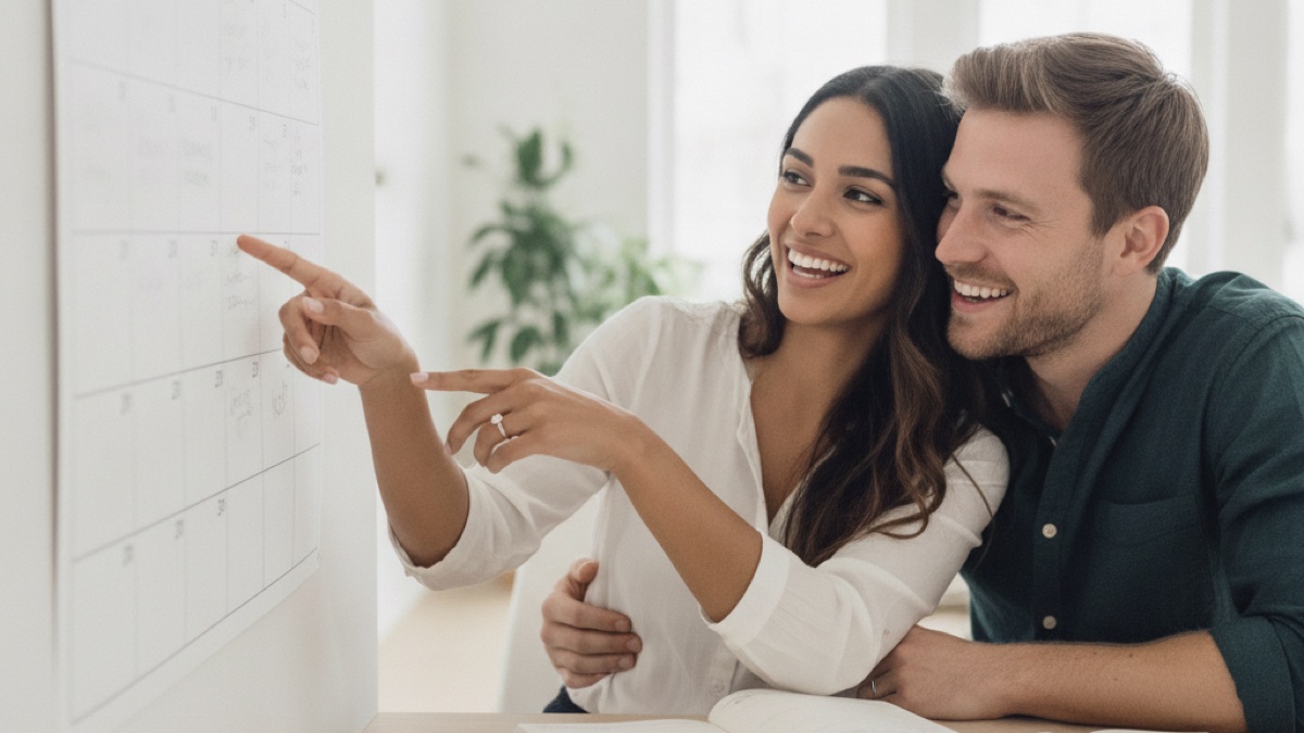 how-long-does-it-take-to-get-a-uk-fiance-visa An engaged couple looking at a calendar together while planning a UK Fiance Visa application and wedding date.