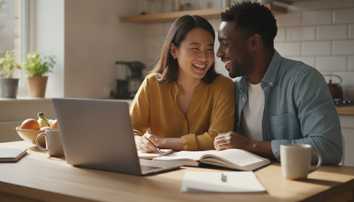 UK spouse visa cost A couple planning the cost of a UK spouse visa together at their kitchen table