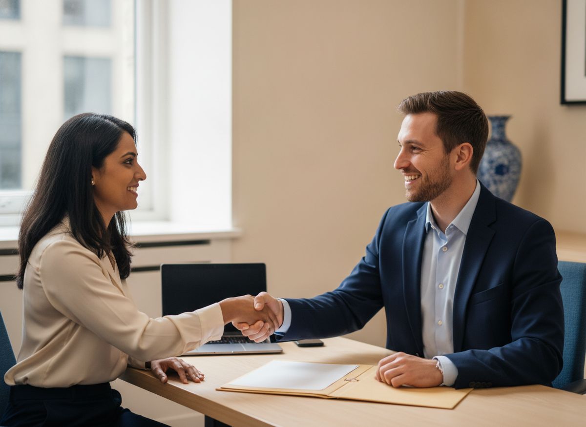 A Whytecroft Ford immigration adviser shaking hands with a client at a consultation desk, with a UK passport and application papers on the table.