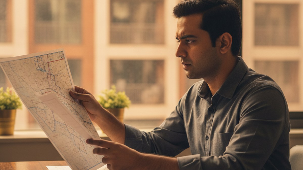 A man examining a land map with a modern Indian apartment building behind him, illustrating searching for property records in India.