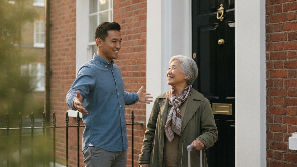 how-to-sponsor-a-uk-visitor-visa A UK-based host welcoming a visiting family member at the front door of a London home.