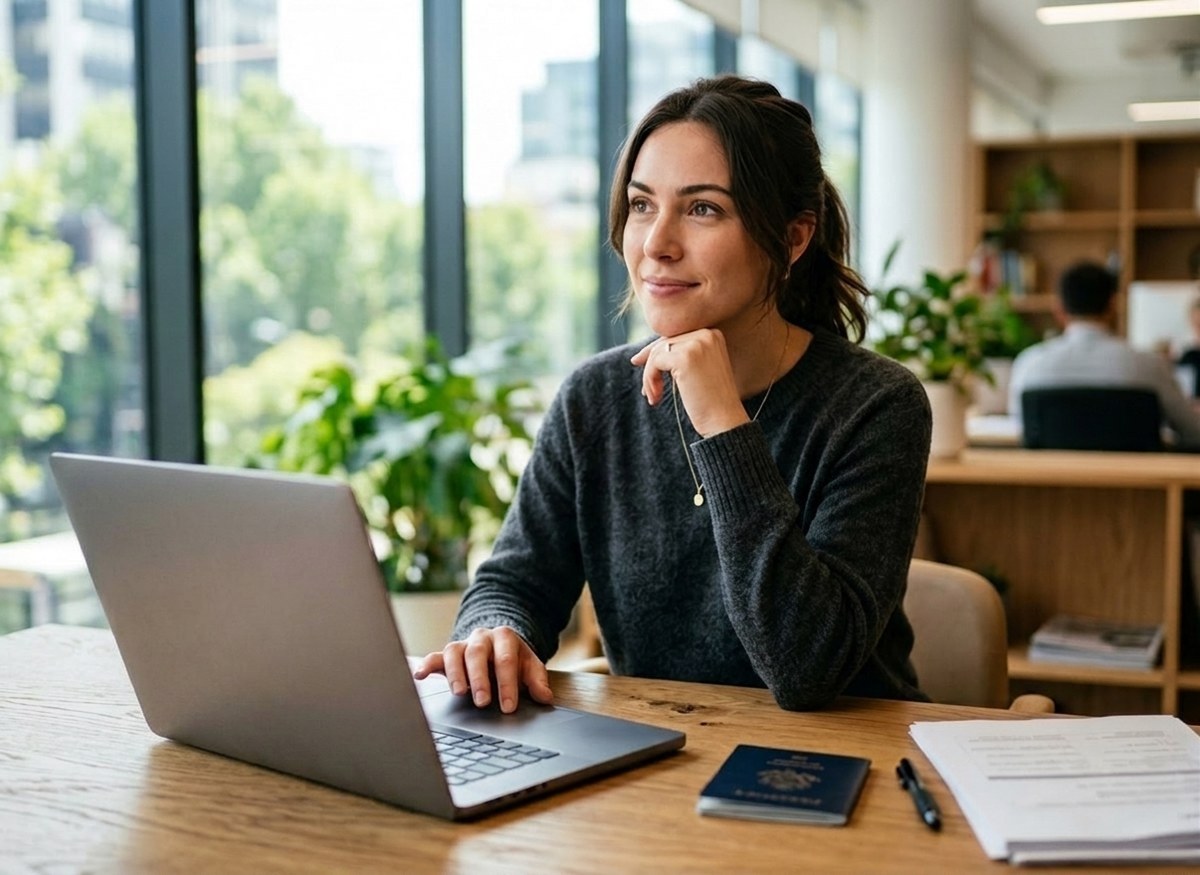 Young woman in a bright modern office pausing at her laptop to reconsider, with a passport and documents on the desk