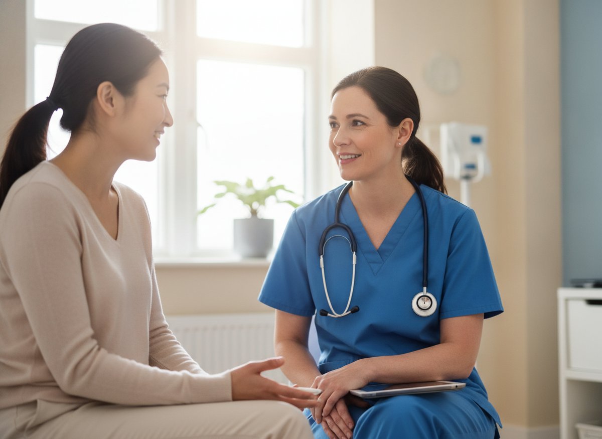 A friendly NHS doctor speaking warmly with a patient in a bright modern NHS consulting room