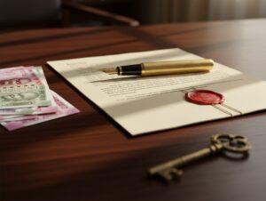 Indian rupee notes, a folded power of attorney deed and a fountain pen on a desk for execution of a Punjab Power of Attorney from the UK