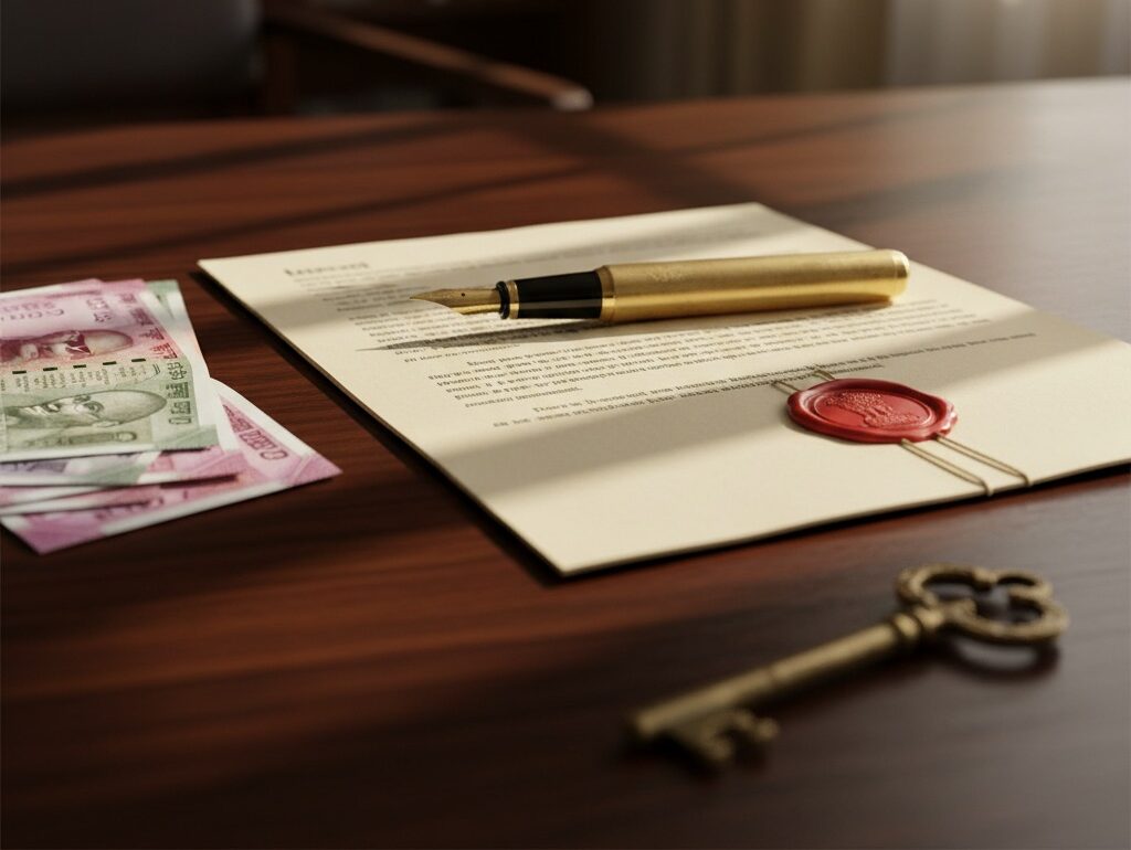punjab-power-of-attorney-from-uk-2026 Indian rupee notes, a folded power of attorney deed and a fountain pen on a desk for execution of a Punjab Power of Attorney from the UK