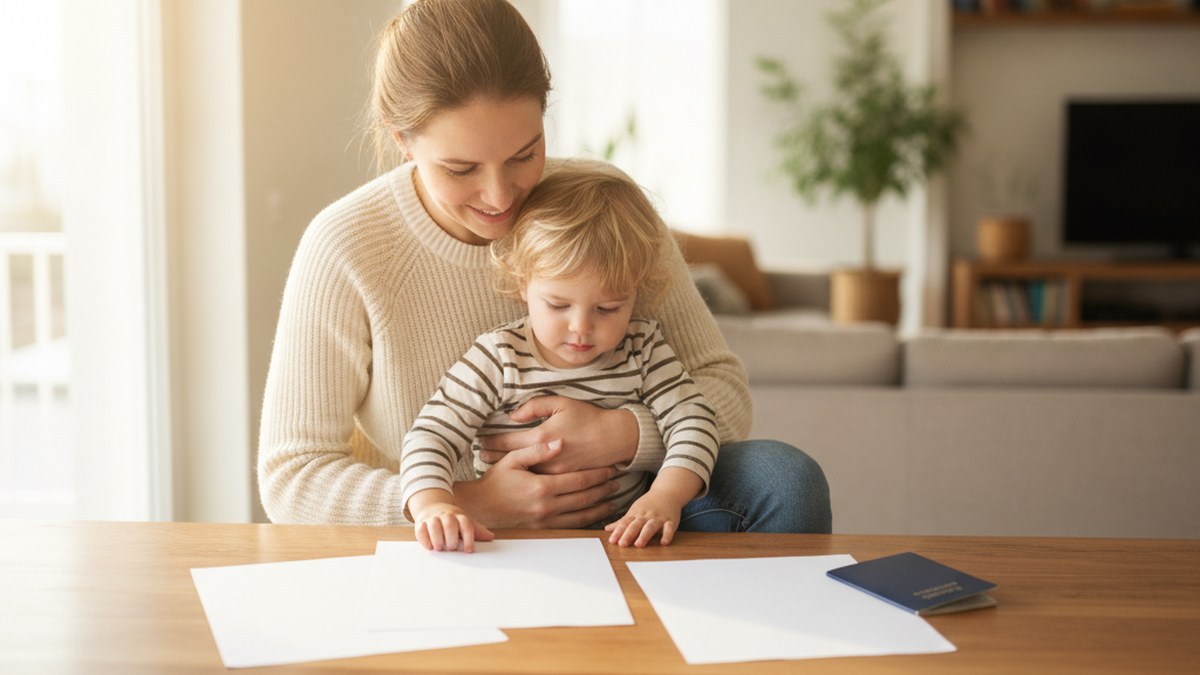 register-child-born-outside-uk-british-citizen A parent holding a young child while looking at official documents at home, illustrating registering a child born outside the UK as a British citizen.