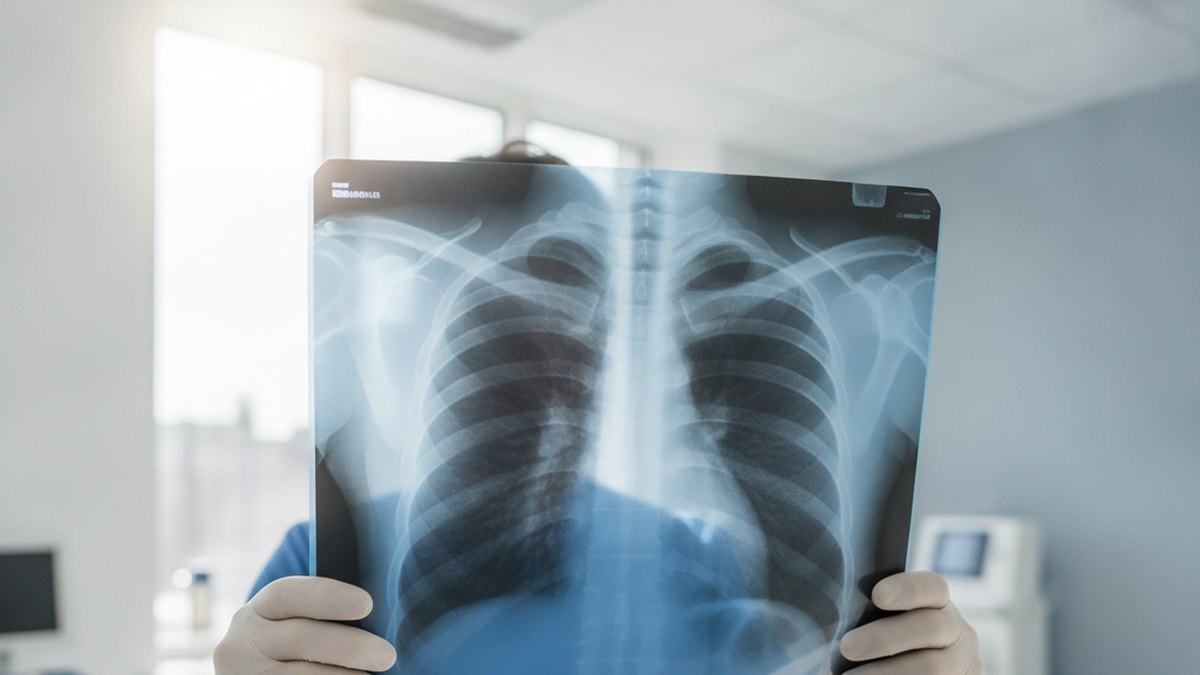 A radiographer examining a chest X-ray, the screening used for a UK visa tuberculosis (TB) test at an approved clinic.
