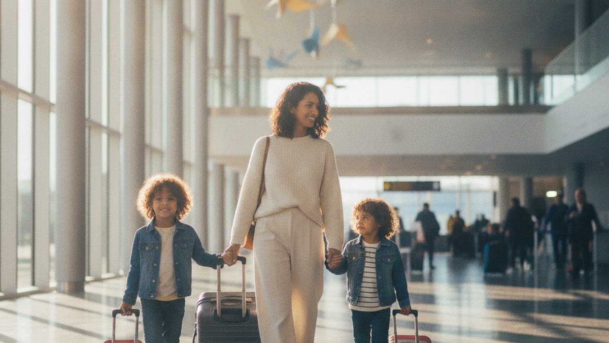 uk-dependant-visa-requirements A parent and two children arriving together at a UK airport, illustrating a family joining a main visa holder as dependants.
