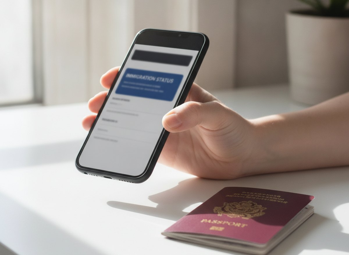 A smartphone showing a digital immigration status beside a passport, representing a UK eVisa
