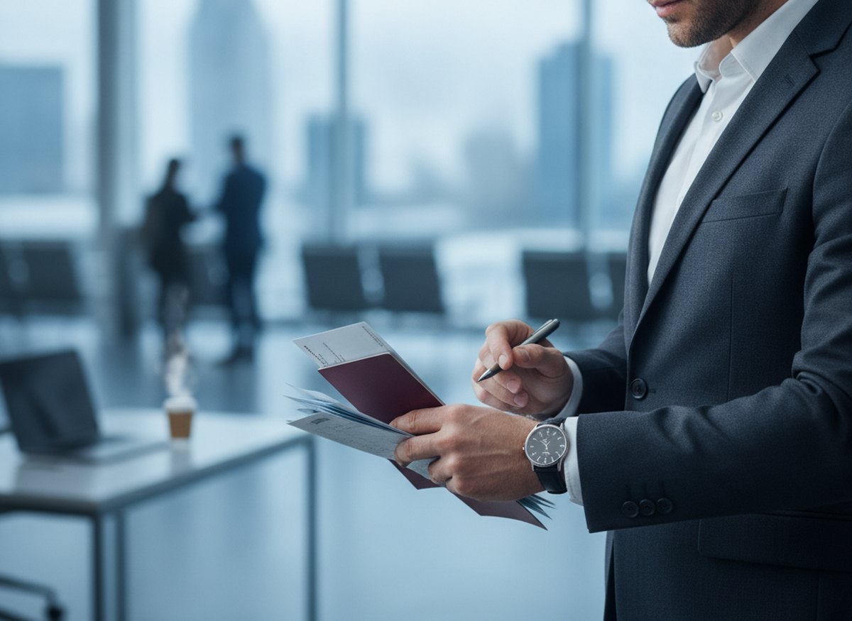 A professional checking the time while holding a UK passport, representing a time-sensitive priority visa application