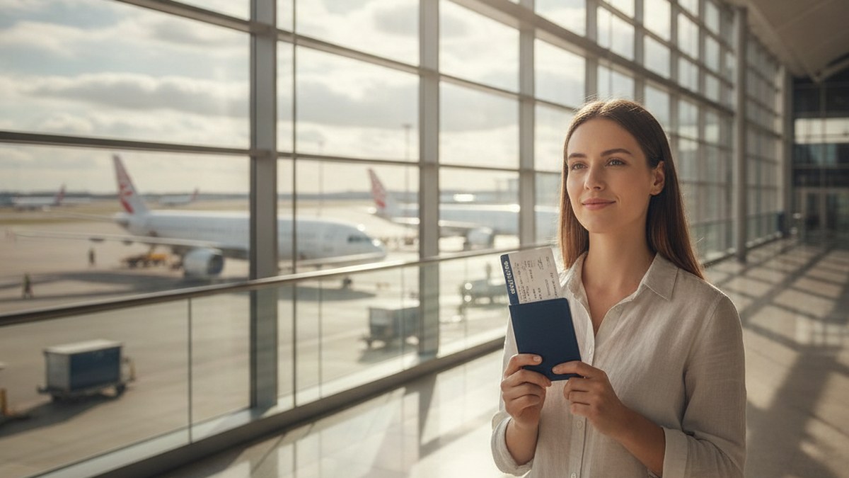 which-uk-visa-do-i-need A person holding a passport and boarding pass at a sunlit airport window, considering which UK visa route to apply for.