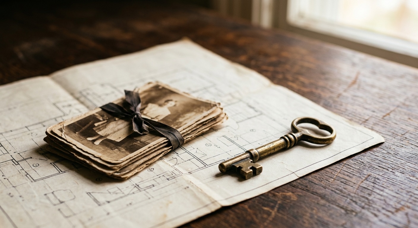 intestate-succession-in-india-featured Antique brass key and ribbon-tied old family photographs resting on an architectural floor plan, representing inherited Indian family property passing under intestate succession.