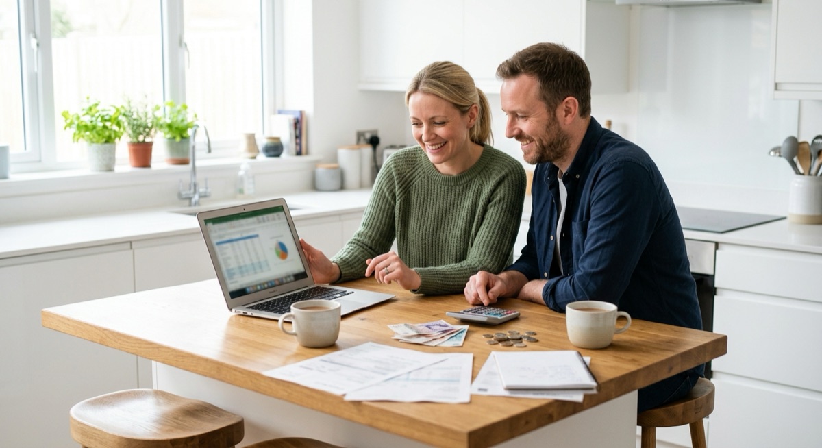 UK Spouse Visa Financial Requirement A couple at a kitchen table reviewing their finances for a UK Spouse Visa financial requirement