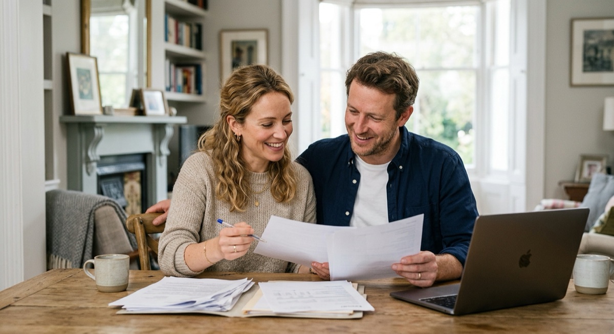 What to Include in Your UK Spouse Visa Relationship Statement A white British couple reviewing UK spouse visa paperwork together at a table in a bright period home