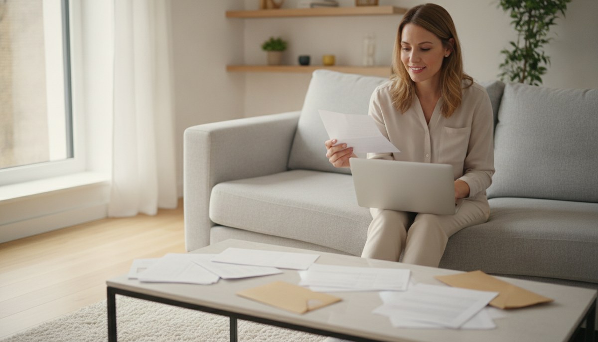 Do unpaid bills or debts affect a British citizenship application? A person calmly reviewing household bills and letters at a kitchen table while preparing a British citizenship application.