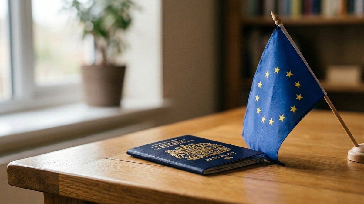 british-citizenship-for-eu-citizens-1 A dark navy blue British passport placed beside an EU flag on a wooden desk, symbolising the naturalisation route to British citizenship for EU citizens.