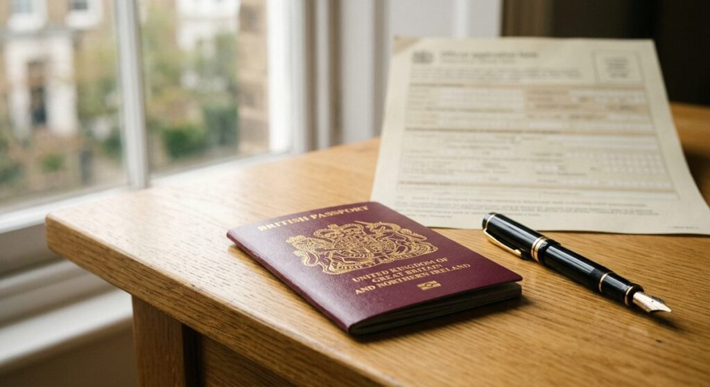 A British passport and fountain pen resting on a wooden desk beside an application form, representing the good character requirement assessed for a British citizenship application.