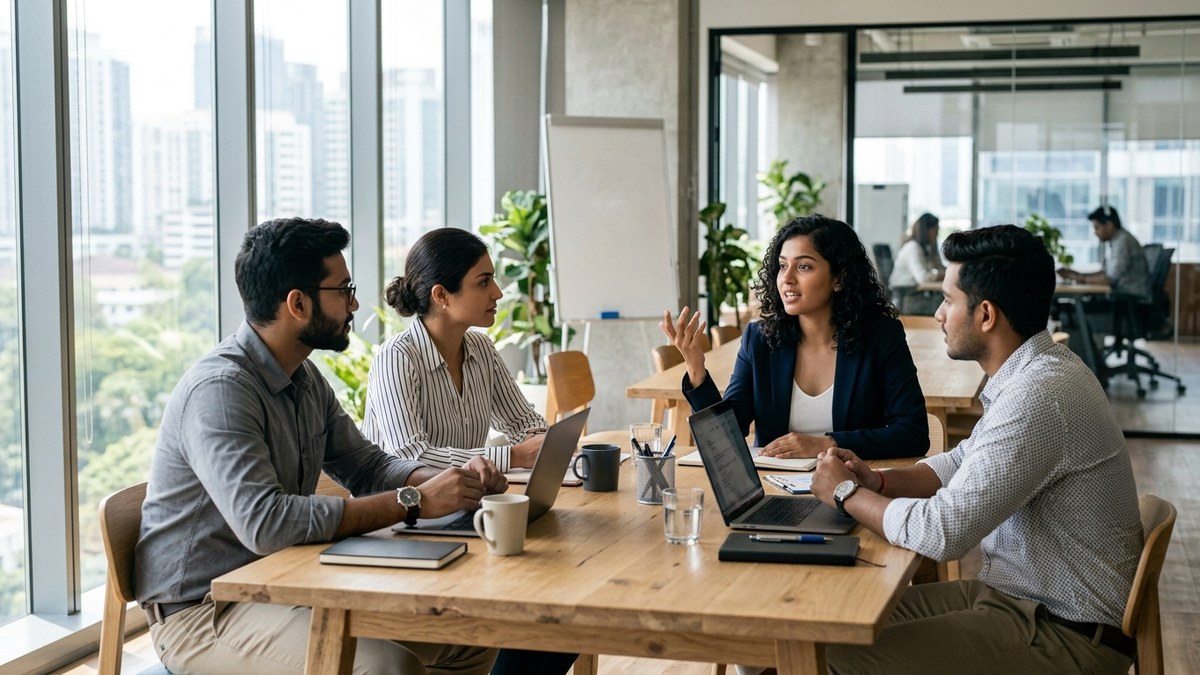 Inheritance tax in India, UK guide for heirs A team of young Indian professionals in an office meeting discussing inheritance tax in India.