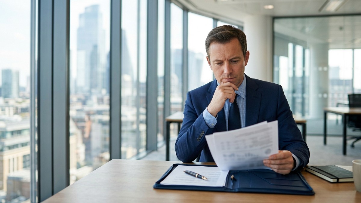 Specified limited company income for a UK spouse visa A UK company director reviewing company accounts and a CT600 tax return at a desk to evidence income for a spouse visa application.
