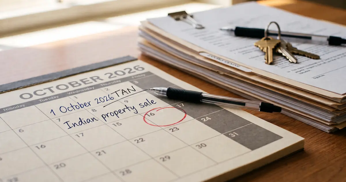 tan-removal-deadline-nri-property-sale-october-2026 TAN removal deadline circled on an October 2026 calendar next to Indian property sale documents and house keys