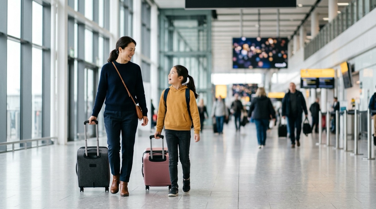 UK child visitor visa A mother and her young daughter walking through a UK airport arrivals hall with cabin suitcases after entering on a child visitor visa.