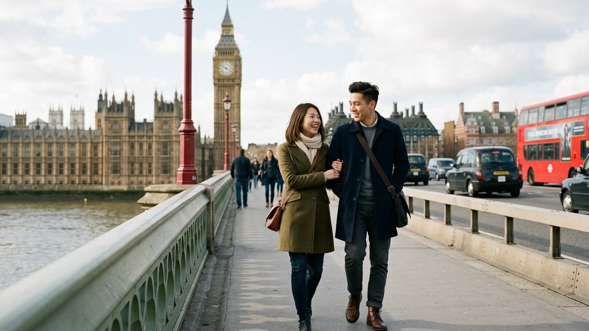 uk-partner-visa-types-1 A young couple walking together across Westminster Bridge in London, representing the different UK partner visa types available to couples.