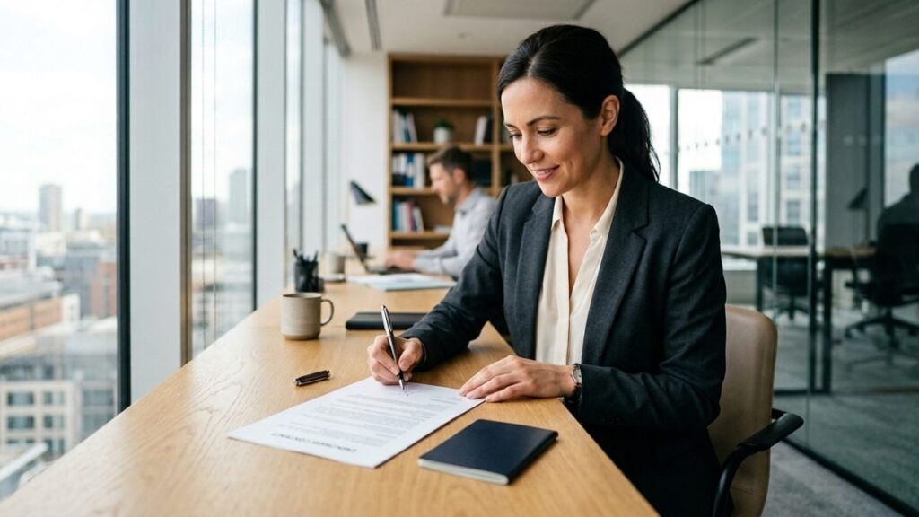 A professional reviewing a signed UK employment contract at a desk, representing the Skilled Worker visa that replaced the old UK work permit route.