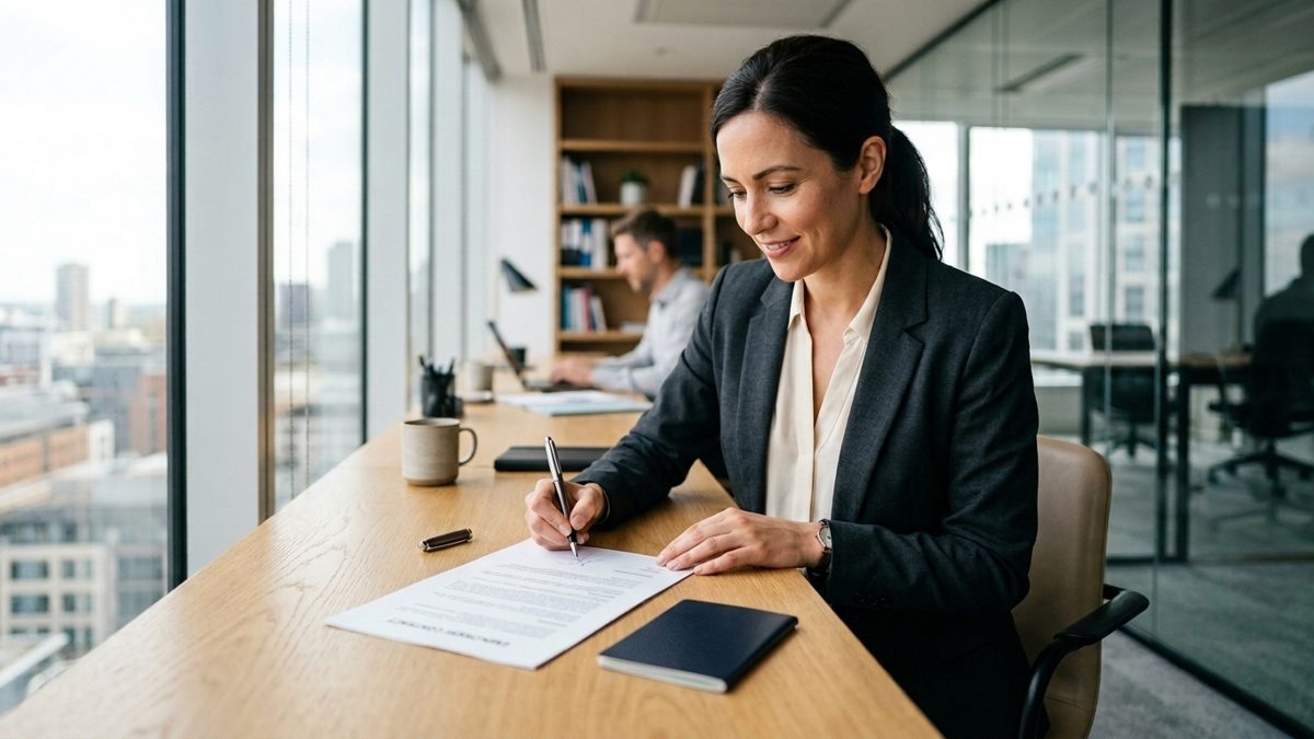 UK work permit visa explained A professional reviewing a signed UK employment contract at a desk, representing the Skilled Worker visa that replaced the old UK work permit route.