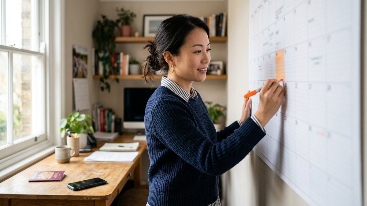 When can I apply for ILR A woman marks a date on a wall planner to work out when she can apply for ILR, with a British passport on the desk beside her.